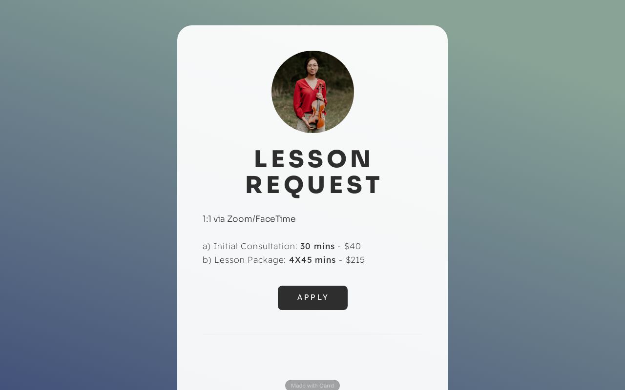 Jiayi zheng virtual violin lessons student application